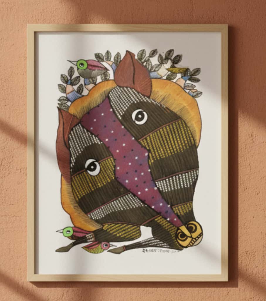 Authentic Gond Painting – Tribal Life & Community Scene (Forest Spirit) Folk Art (11 × 15 Inch)