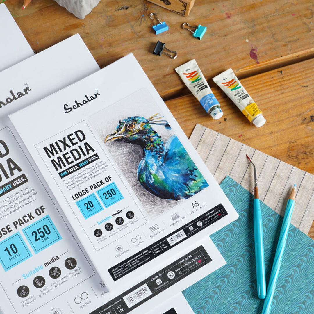 Scholar Mixed Media Paper Loose Sheets 250gsm for Wet and Dry Art - Retail Maharaj