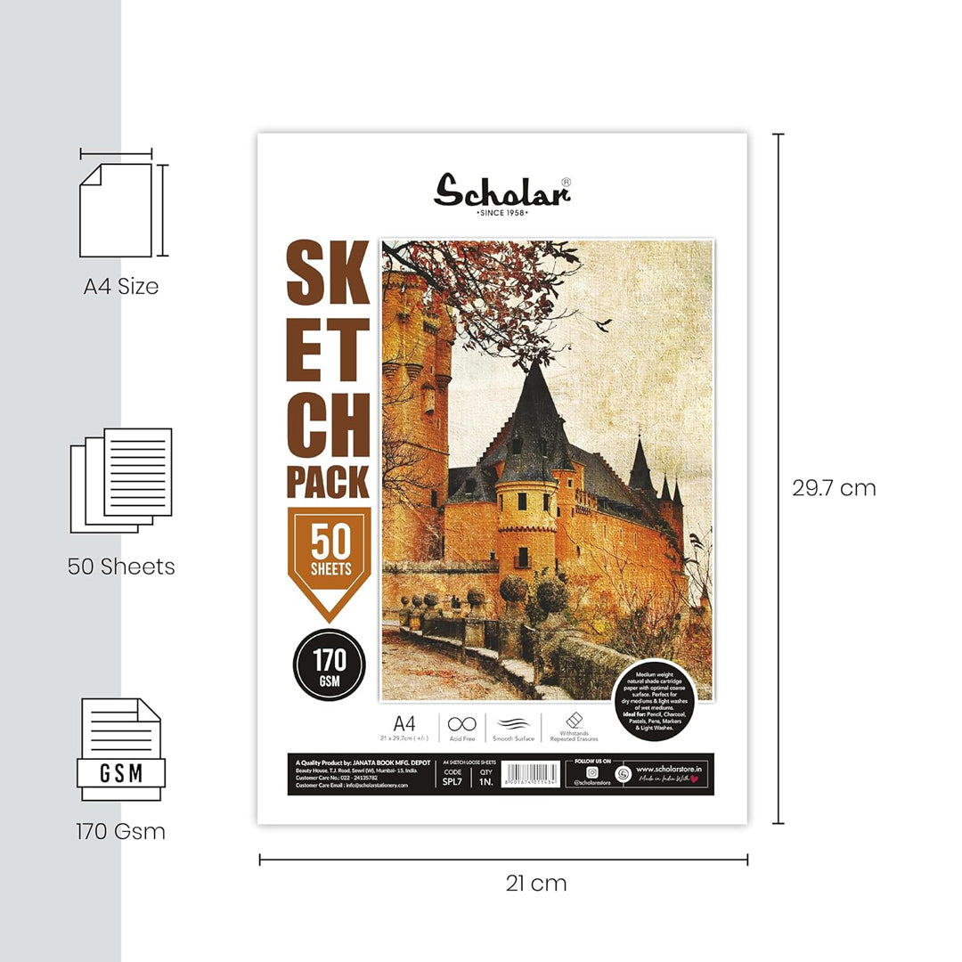 Scholar Sketch Pack Loose Drawing Paper Sheets 170 GSM - Retail Maharaj
