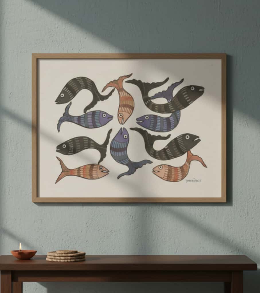 Authentic Gond Painting – School of Fish Motif Handmade Tribal Art (11 × 15 Inch)