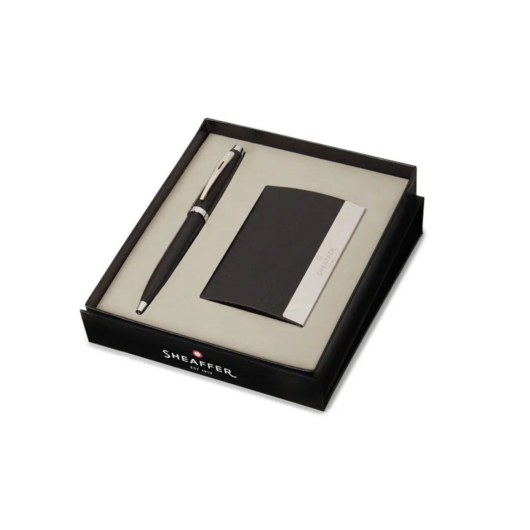 Sheaffer 100 Ballpoint Pen and Business Card Holder Gift Set Brushed Chrome - Retail Maharaj