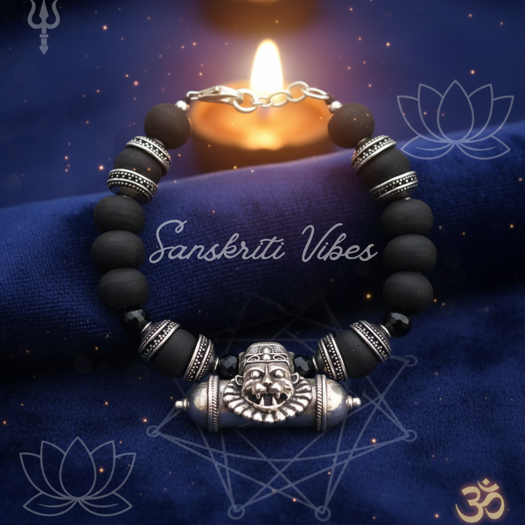 Narasimha Kavach with Black Tulsi Beads Bracelet in Silver – Divine Protection Jewelry - Retail Maharaj
