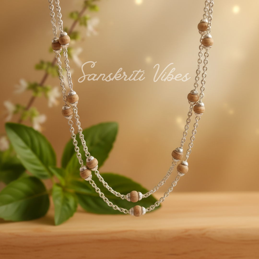 Sterling Silver & Natural Tulsi Basil Rosary Beads Chain – Handcrafted Lightweight Spiritual Necklace (5.25 gm) - Retail Maharaj