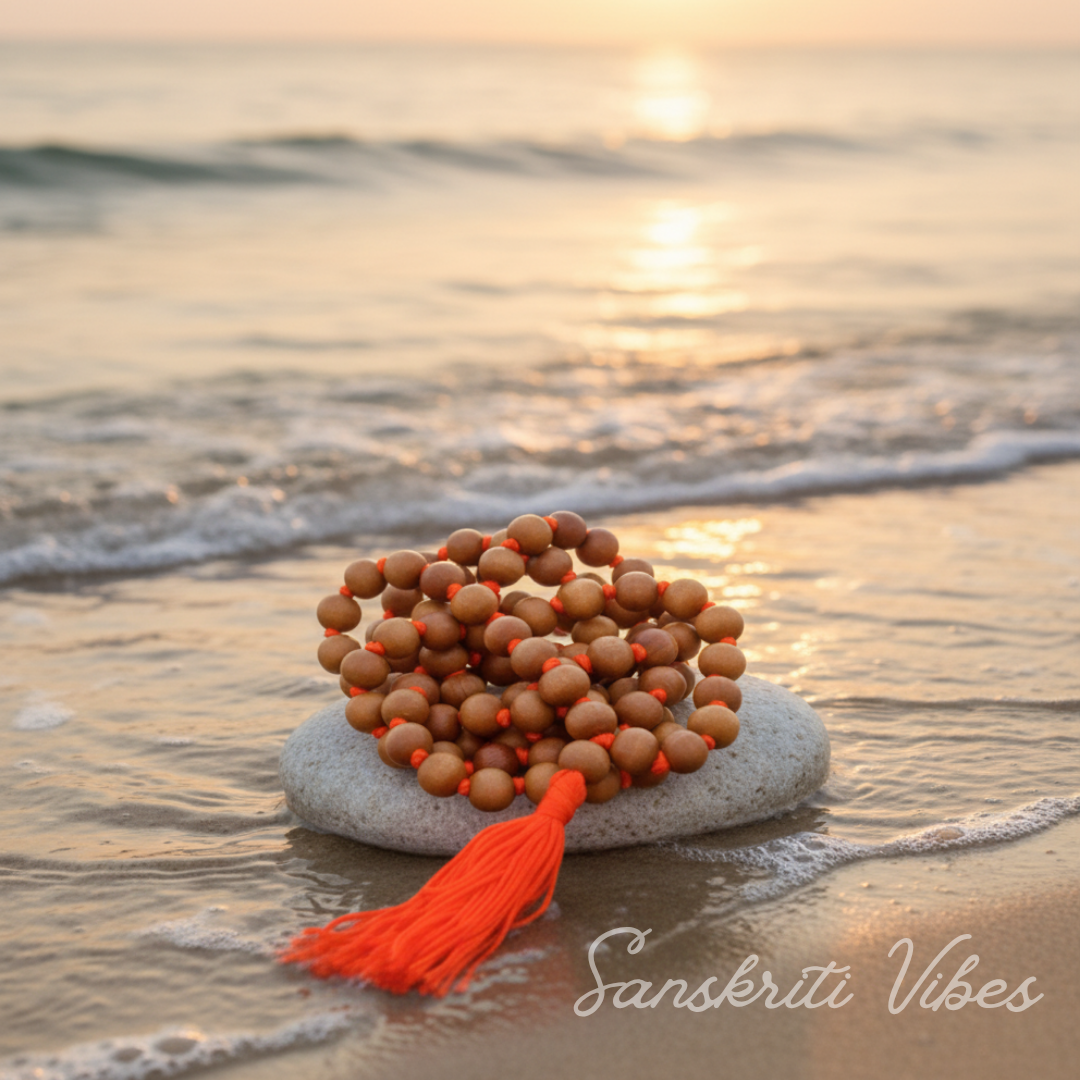 Pure Chandan Japa Mala 108 Plus 1 Guru Bead Original White Sandalwood Mala 12 mm for Meditation Mantra Chanting and Spiritual Peace