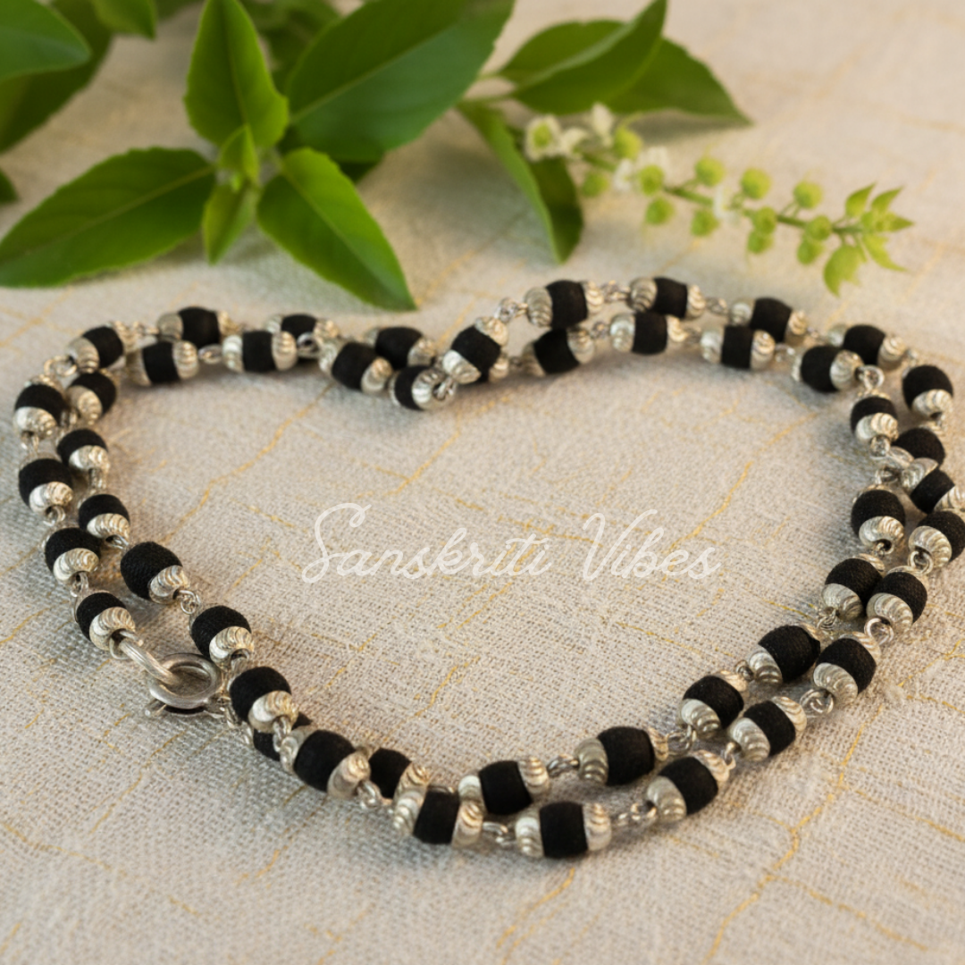 Handcrafted Silver Black Tulsi Kanthi Mala – Lightweight Spiritual Necklace for Meditation & Devotion - Retail Maharaj