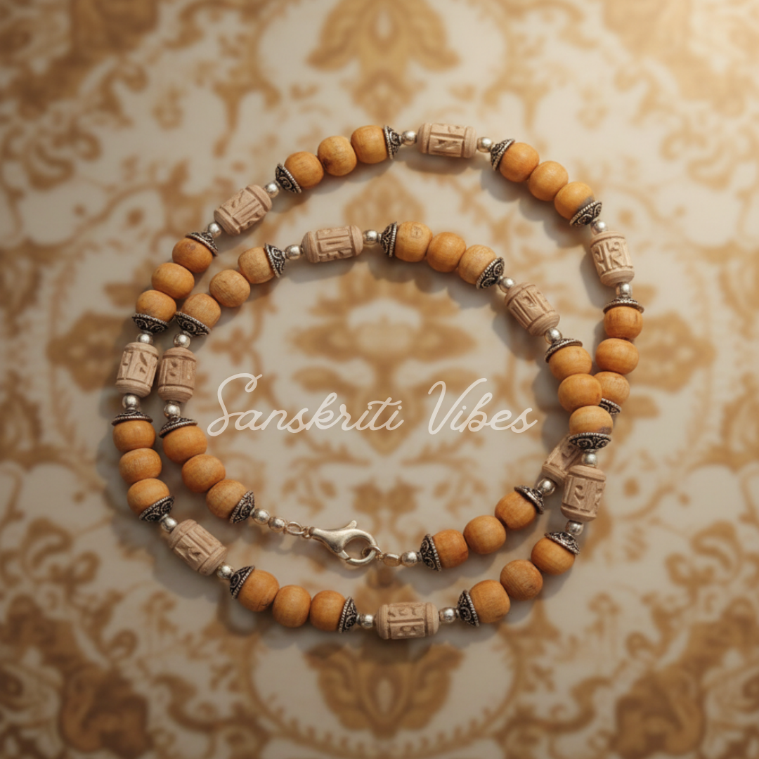 Radha Naam Silver Tulsi Kanthi Mala – 19 Inch Traditional Hand-Carved Spiritual Necklace for Devotion and Meditation - Retail Maharaj