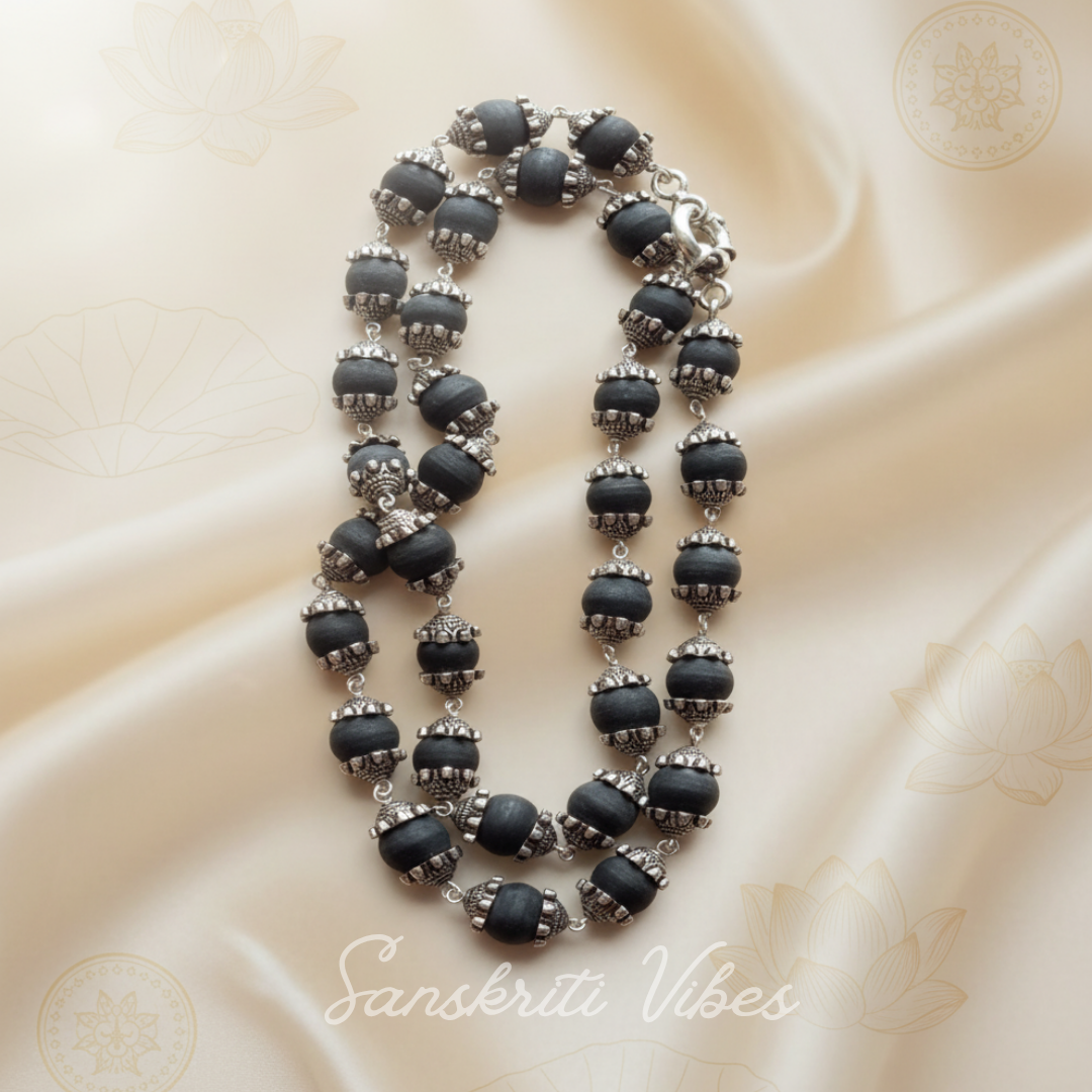 Natural Black Tulsi Beads Mala with Sterling Silver – 19-Inch Handcrafted Spiritual Necklace, 10 mm Beads, 92.5% Pure Silver - Retail Maharaj