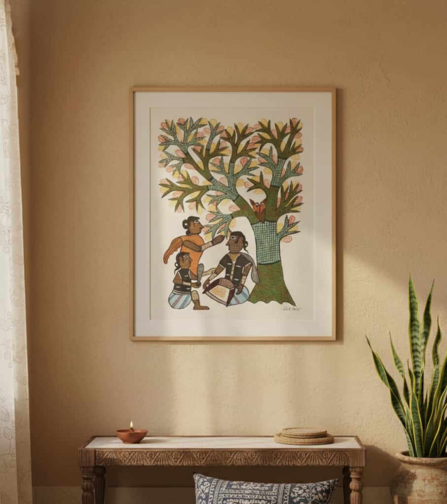 Authentic Gond Painting – Tribal Family Under Tree Handmade Folk Art (11 × 15 Inch)