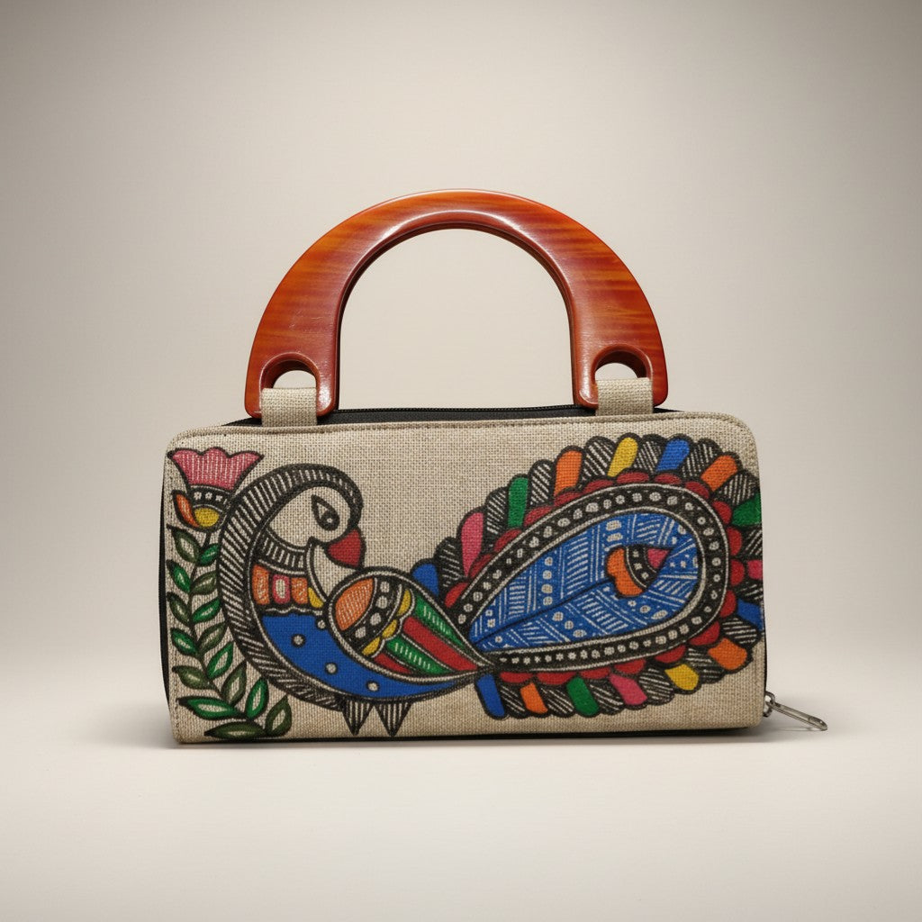 Handmade Jute Handle Bag with Madhubani Art | Eco-friendly Mithila Painting Ethnic Handbag - Retail Maharaj