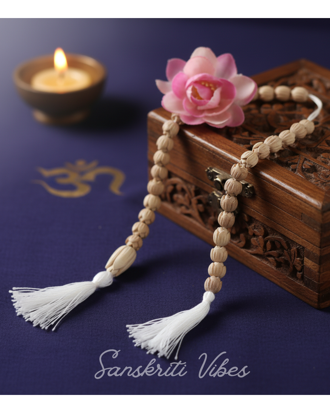 Tulsi Lotus Beads Counter Mala – 20-Bead 10mm Japa Beads for Meditation and Chanting - Retail Maharaj