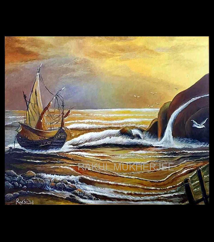 Golden Voyage Original Mixed Media Canvas Painting by Rakhi Mukherjee (18 × 24 Inch)