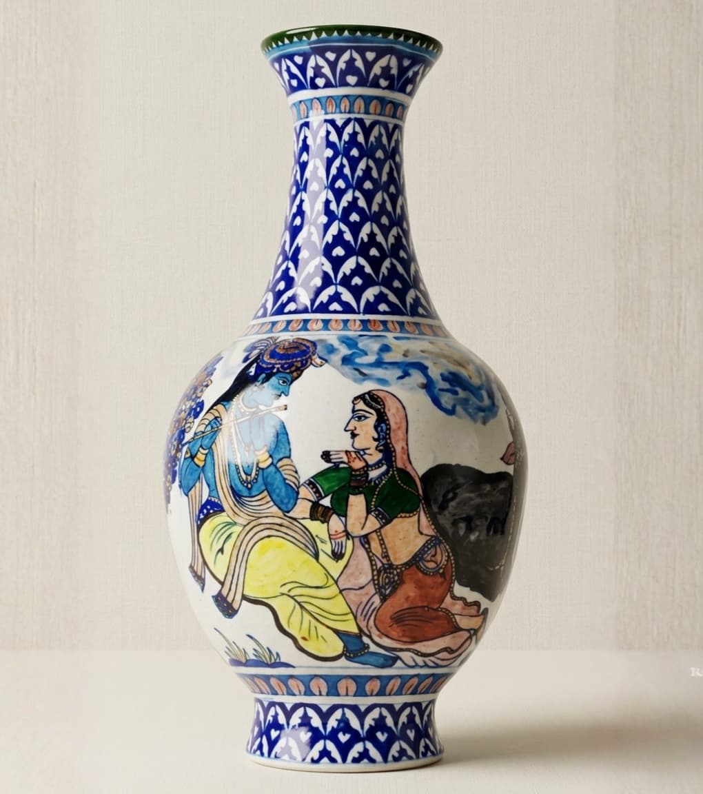 Eternal Vrindavan Hand-Painted Radha Krishna Jaipur Blue Pottery Vase (20 Inch)