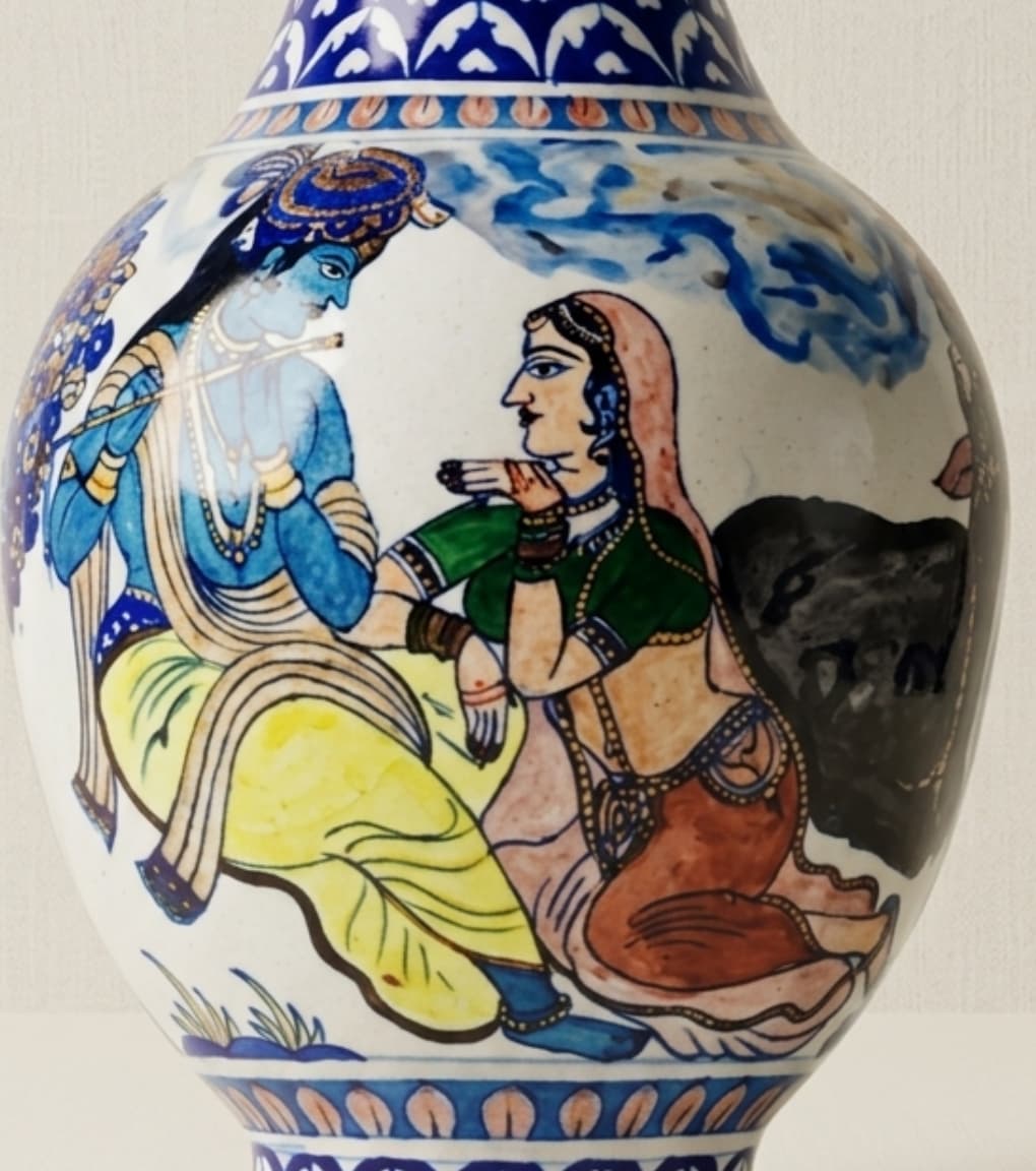 Eternal Vrindavan Hand-Painted Radha Krishna Jaipur Blue Pottery Vase (20 Inch)