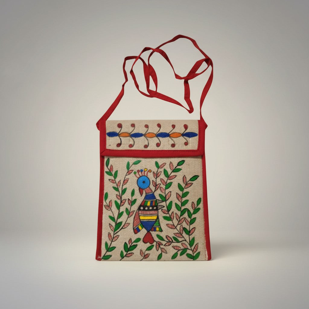Handmade Madhubani Mobile Pouch – Jute Mithila Art Phone Bag | Eco-friendly Folk Art Accessory - Retail Maharaj
