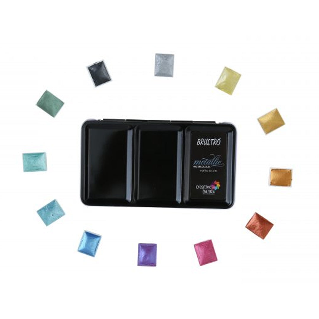 Brustro Metallic Watercolour Half Pans Set of 12 - Retail Maharaj
