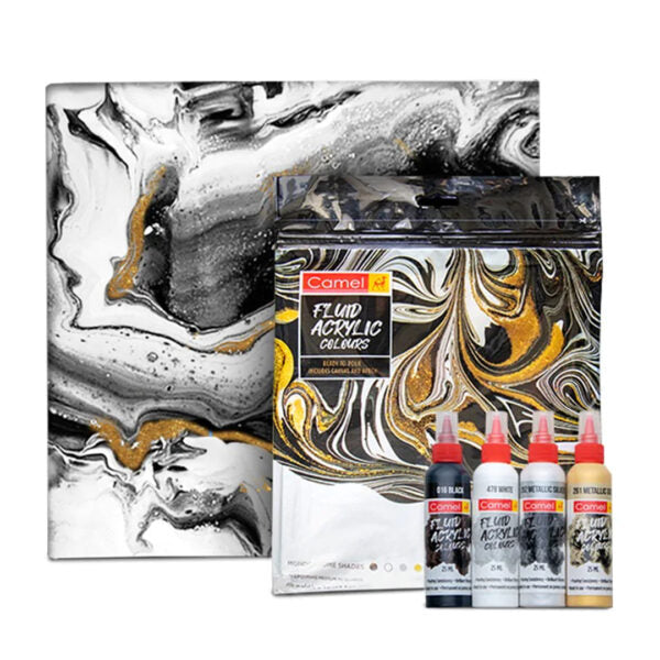 Camel Fluid Acrylic Sets Aqua Sunset Monochrome Pouring Ready Colours with Canvas Board for Easy Creative Art - Retail Maharaj