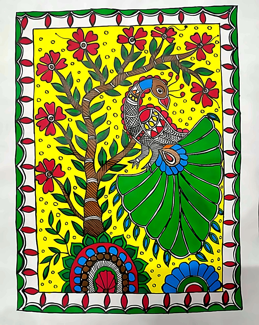 Handmade Madhubani Painting – Peacock on a Branch | Mithila Art Traditional Indian Folk Wall Decor - Retail Maharaj
