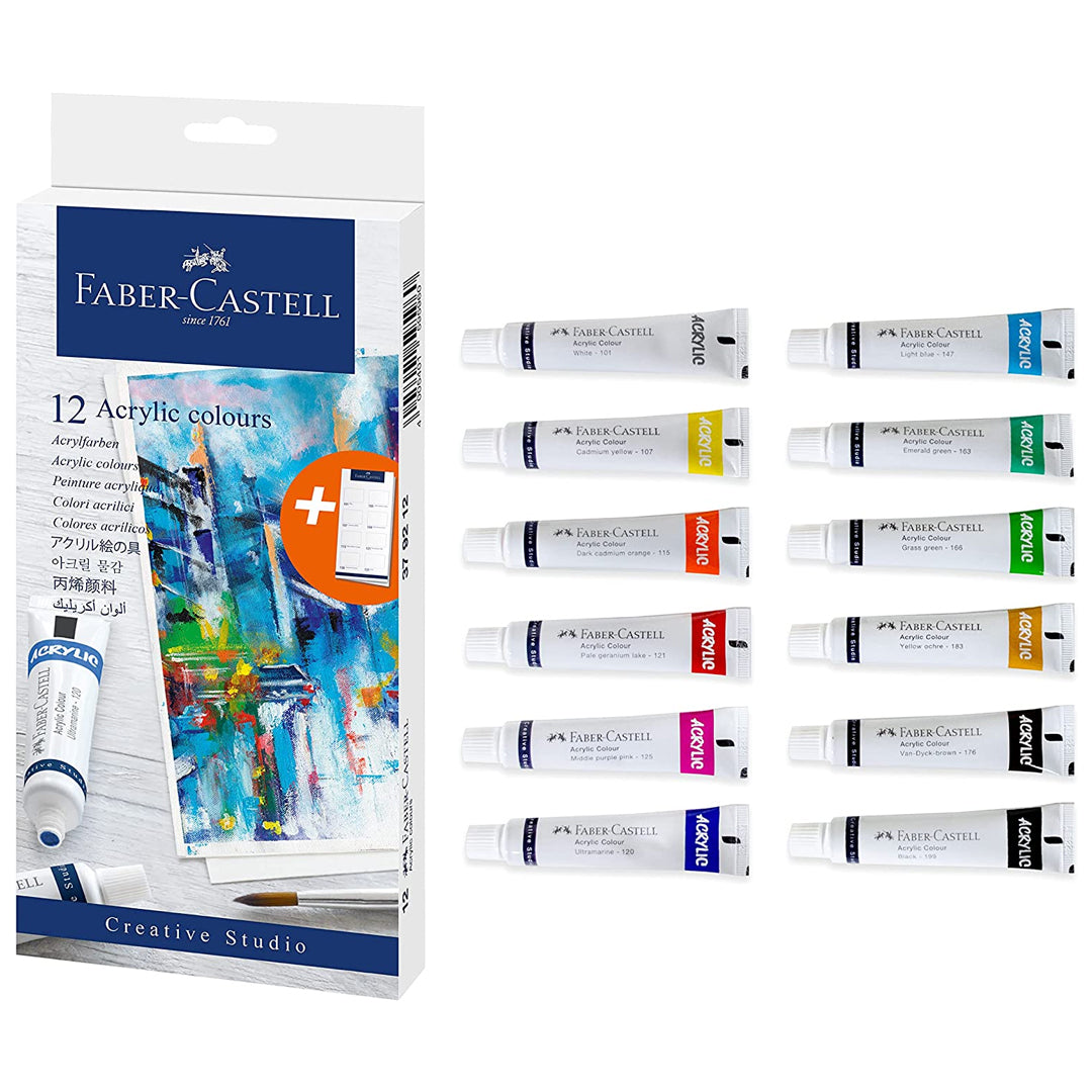 Faber Castell Creative Studio Acrylic Colour Set of 12 and 24 High Pigment Creamy Acrylic Paint for Canvas Paper and Craft - Retail Maharaj