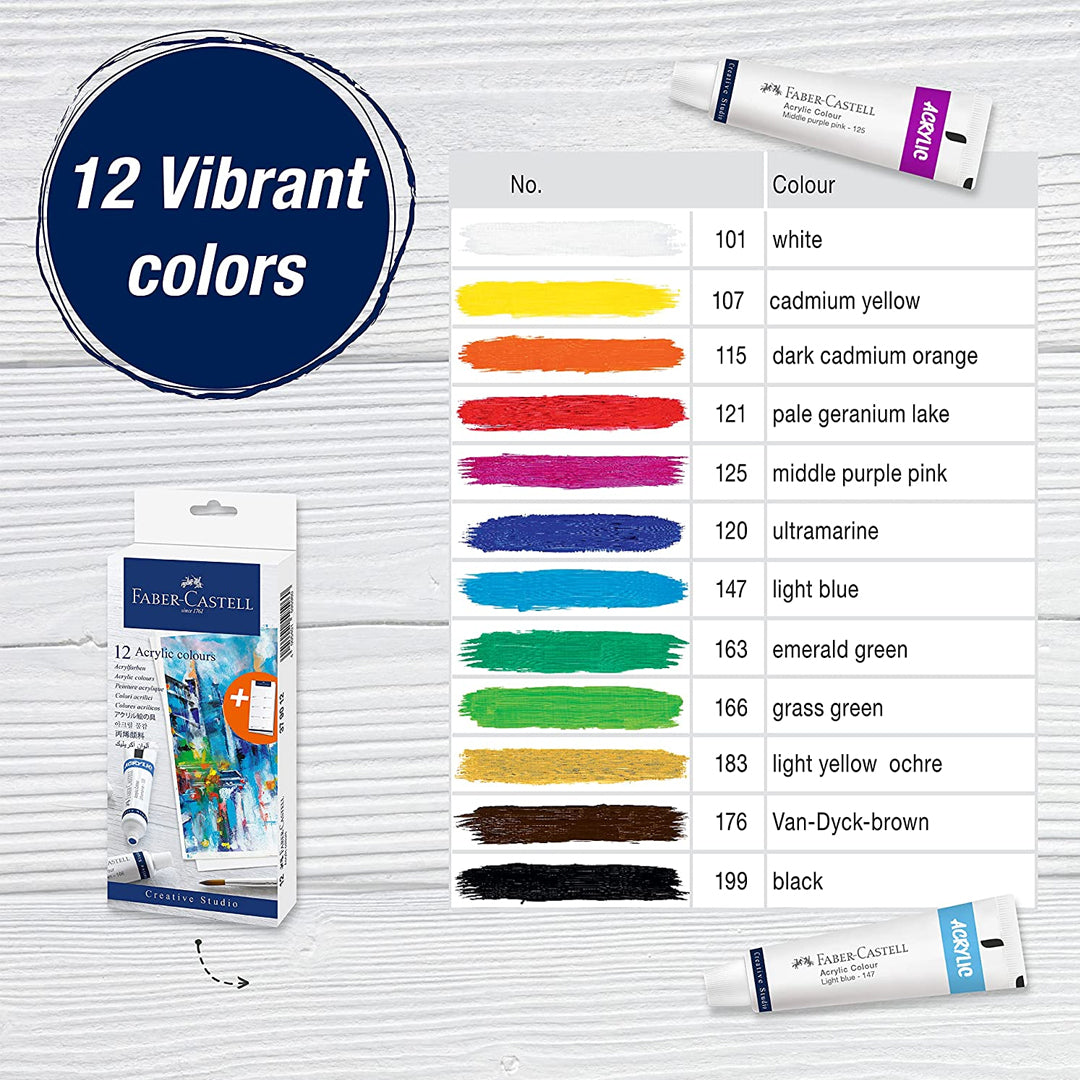Faber Castell Creative Studio Acrylic Colour Set of 12 and 24 High Pigment Creamy Acrylic Paint for Canvas Paper and Craft - Retail Maharaj