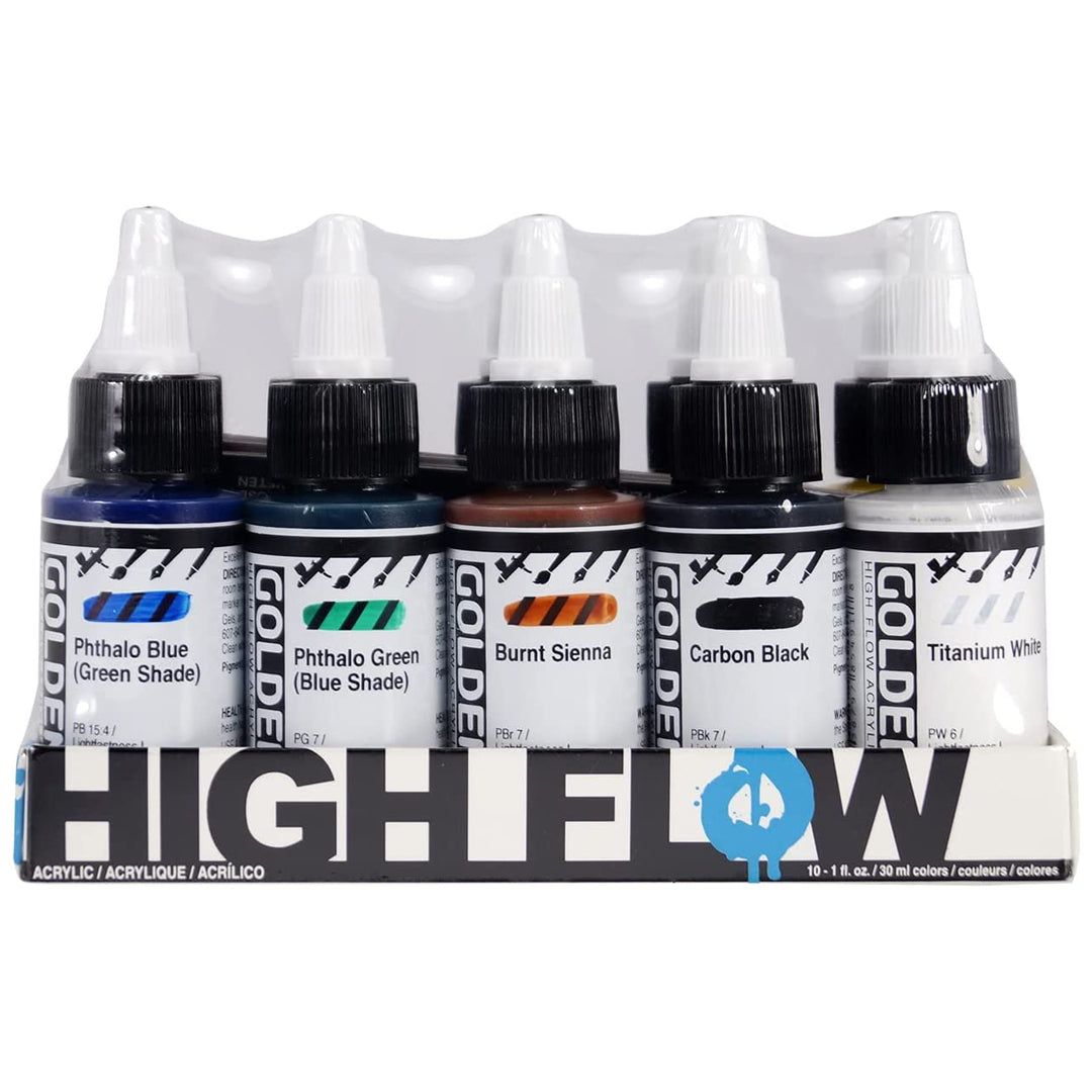 Golden High Flow Acrylic Opaque Set of 10 Ultra Pigmented Ink Like Acrylics for Brush Pen Airbrush and Mixed Media Art - Retail Maharaj