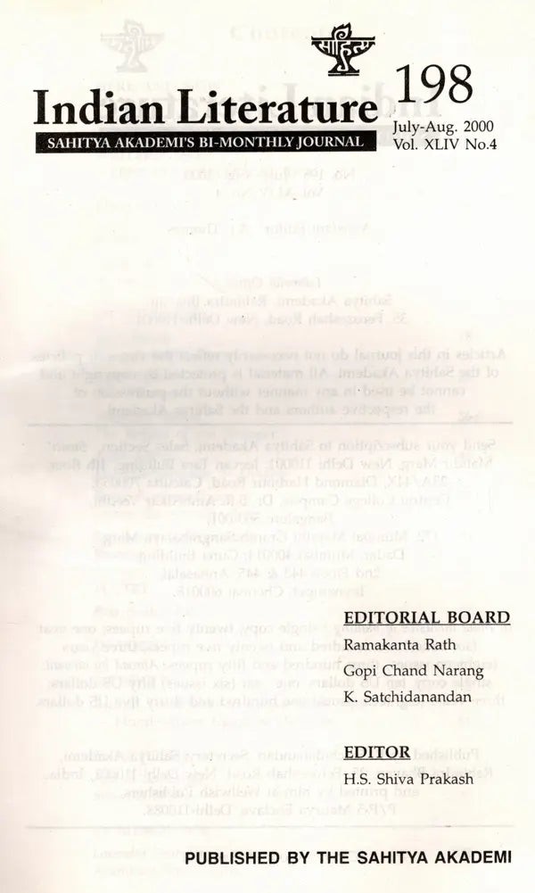 Indian Literature- Sahitya Akademi's Bi-Monthly Journal No.198 July-Aug,2000 (Vol.XLIV No.4) (An Old and Rare Book) - Retail Maharaj