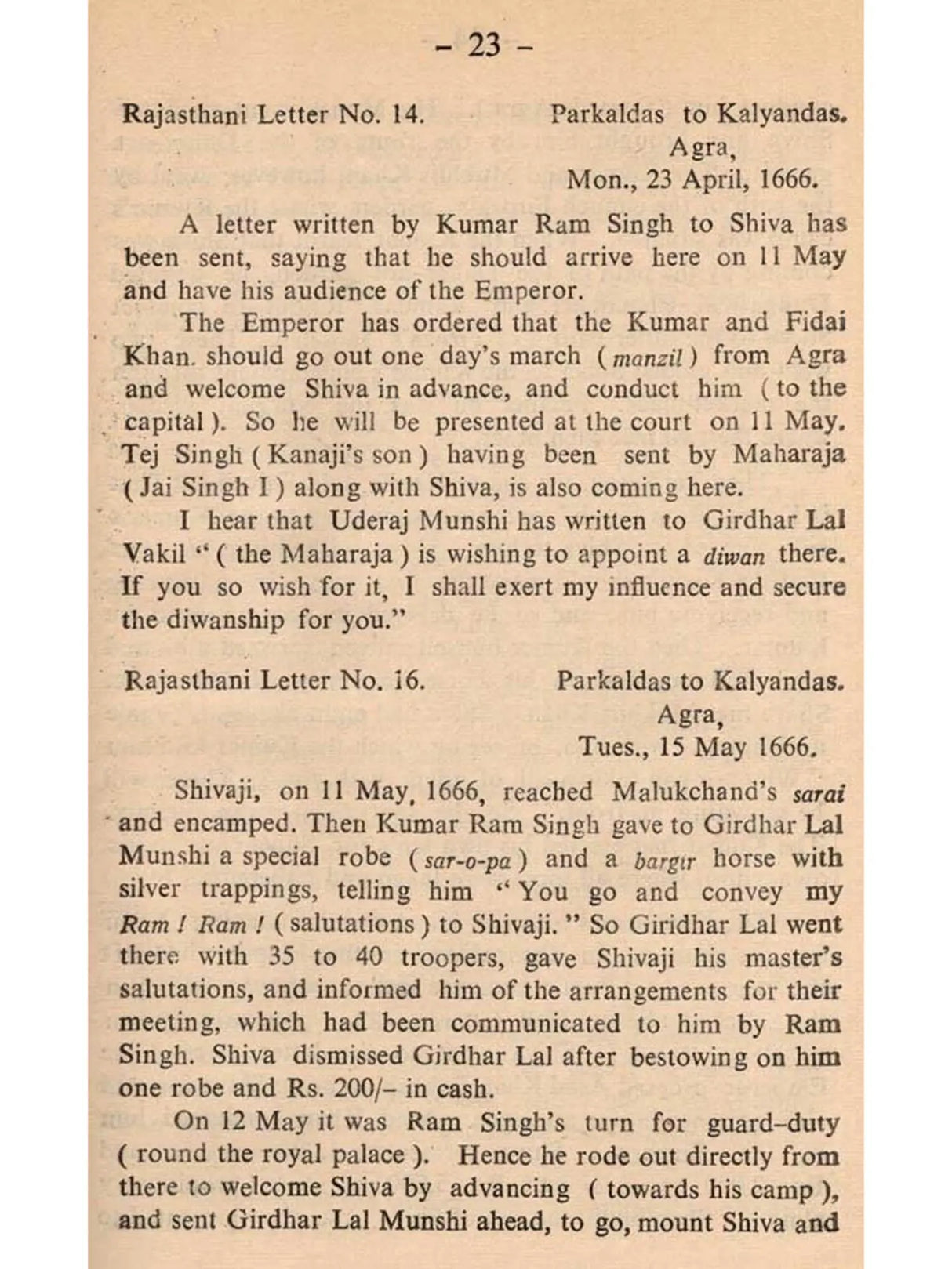 Shivaji's Visit to Aurangzib at Agra – A Collection of Contemporary Rajasthani Letters from the Jaipur State Archives