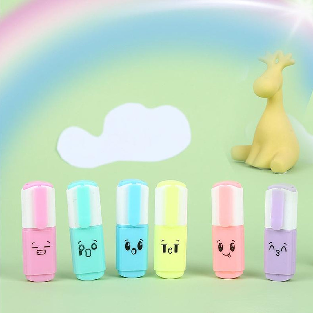 Cute Mini Highlighter Pens Cartoon Style Student Stationery Set of 6 - Retail Maharaj