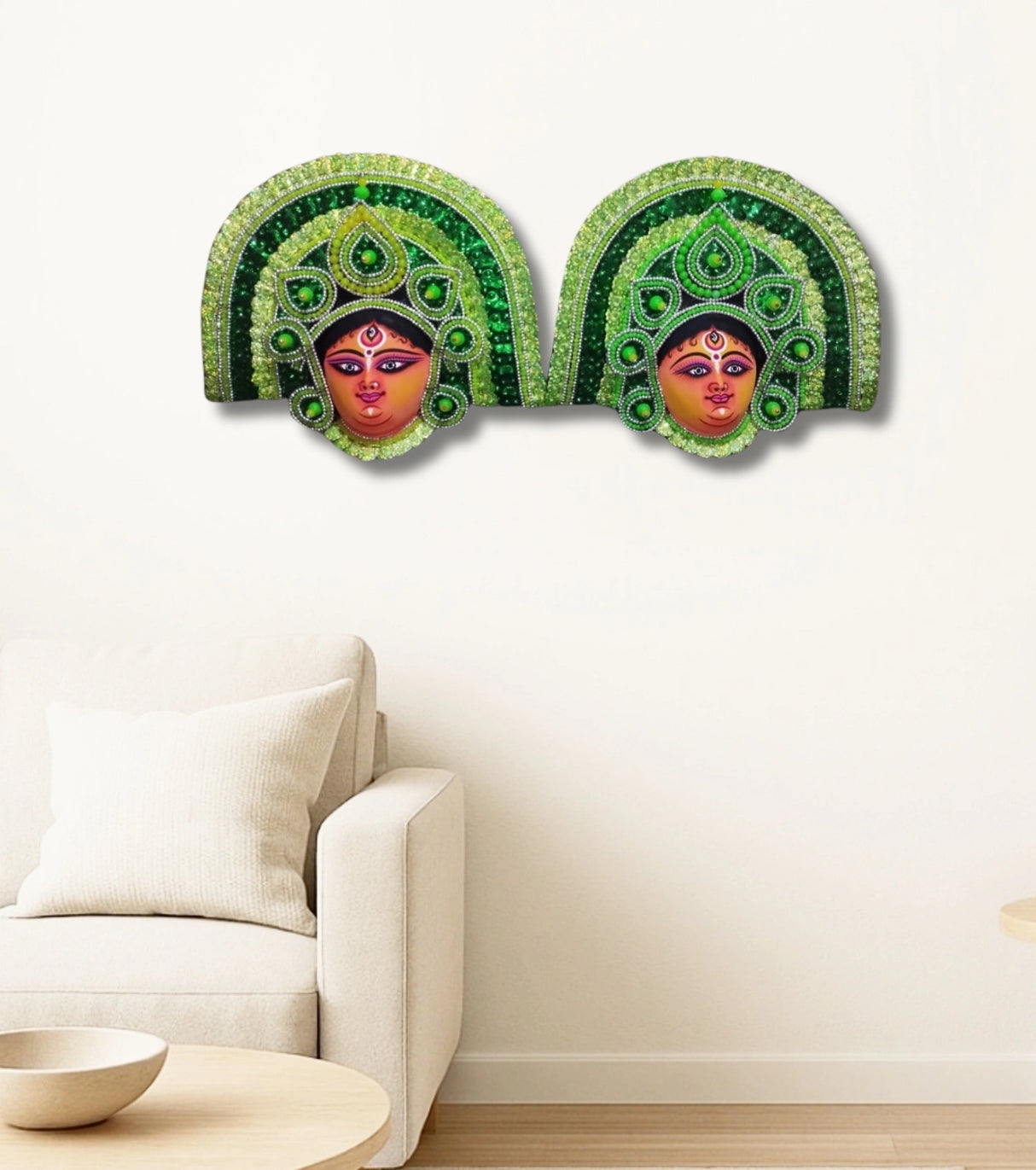 Shobhā Shakti – Green Devi Mukhosh Pair – Traditional Purulia Folk Art - Retail Maharaj