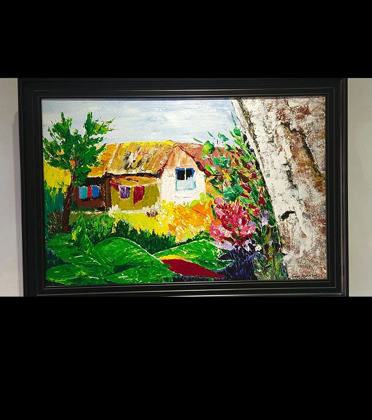 Ruralside – Hand-painted Acrylic Landscape by Samhita Bhowmik | Countryside Cottage Artwork - Retail Maharaj