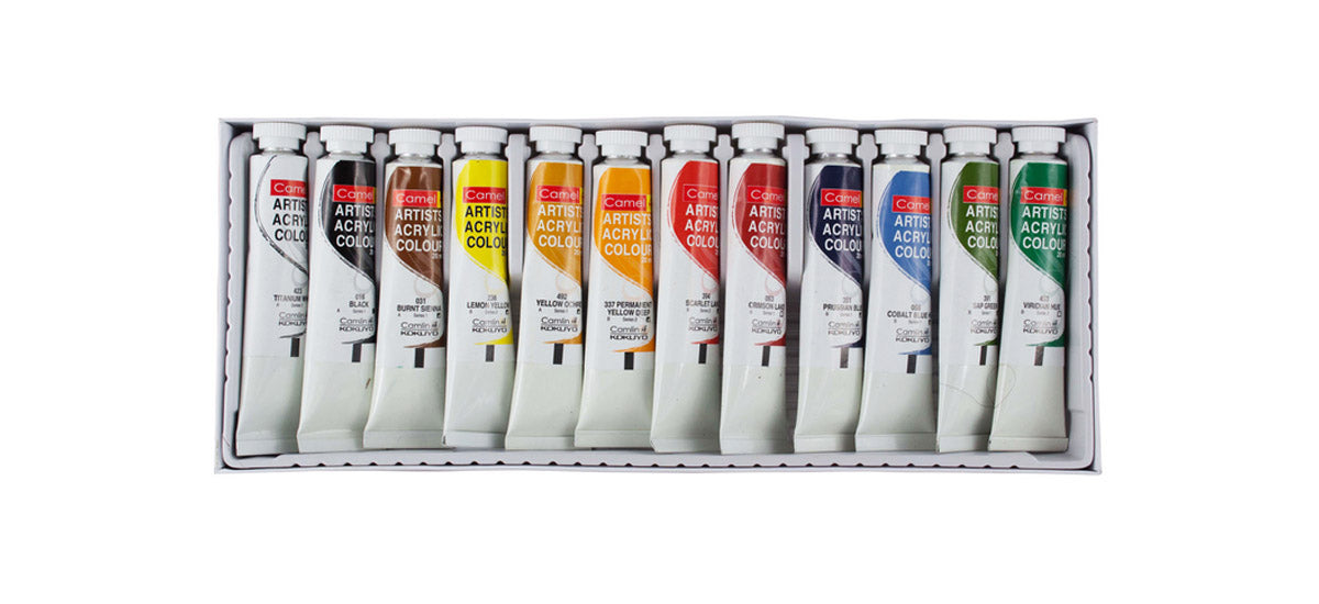 Camel Acrylic Colour Set of 12 and 18 Soft Creamy Artist Acrylic Paint for Canvas Wood Craft and Professional Art - Retail Maharaj
