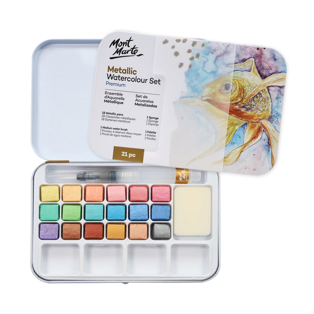 Mont Marte Premium Metallic Watercolour Cake Paint Set with Travel Tin - Retail Maharaj