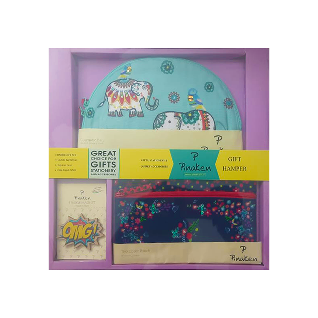 Pinaken Gift Hamper Set Combo with Cosmetic Bag Zipper Pouches and Fridge Magnet - Retail Maharaj