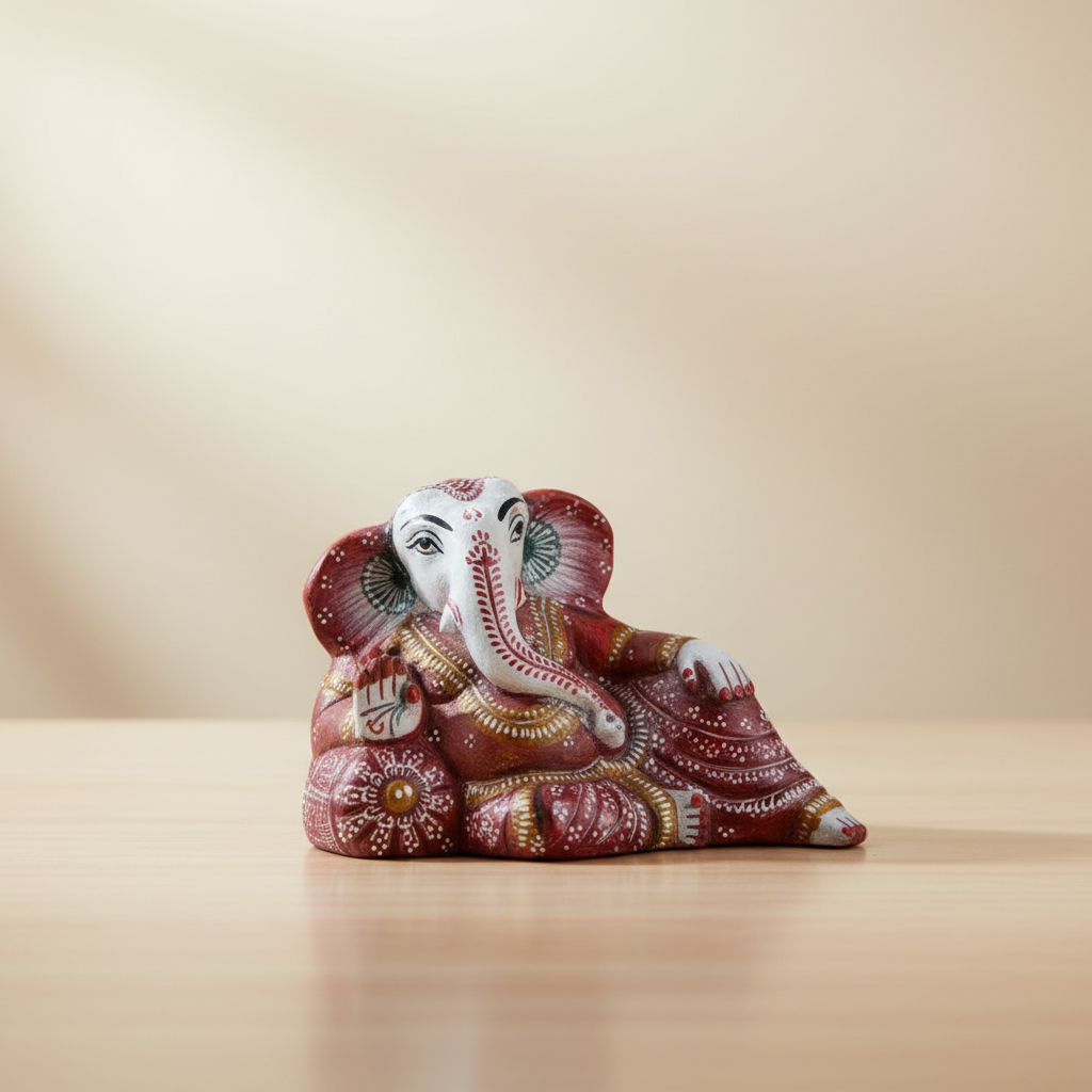 Resting Ganesh Murti – Painted Aluminium Vinayagar Statue / Resting Ganesha Idol for Pooja (2 x 2.5 Inches) - Retail Maharaj