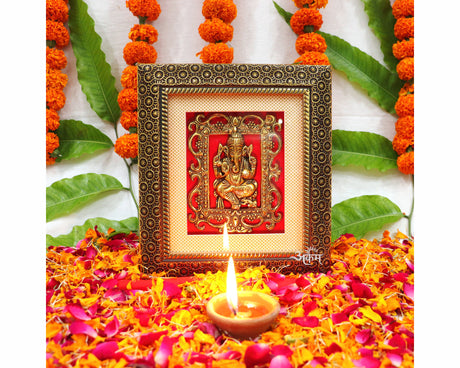 ARKAM Ganesh Frame/ Ganesh Metal Idol in framing/ Ganesh Photo Metal (Size: 8.5 x 7.5 inches, Color: Antique Golden) - Retail Maharaj