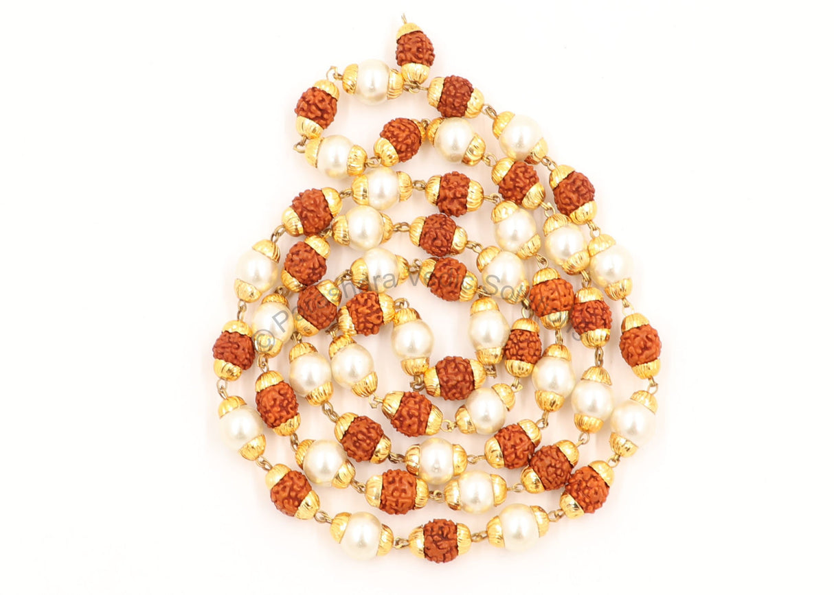Arkam Rudraksh Pearl Mala/ 100% Natural Rudraksha and Pearl Mala with Gold Metal Capping/ Original Rudraksha Pearl Rosary/ Rudraksh Moti Mala/ Rudraksha Moti Rosary (Size: 8mm, Beads: 54+1, Length: 32 inches) - Retail Maharaj