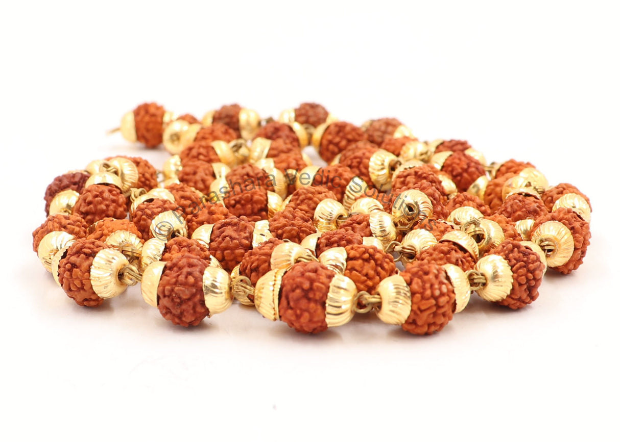 Arkam Rudraksh Mala with Gold Metal Capping/ Fancy Rudraksh Mala for Men and Women/ Stylish Rudraksha mala Yellow Cap/ Rudraksh Mala 7mm Original (Size: 7mm, Length: 28 inches, Beads: 54+1) - Retail Maharaj