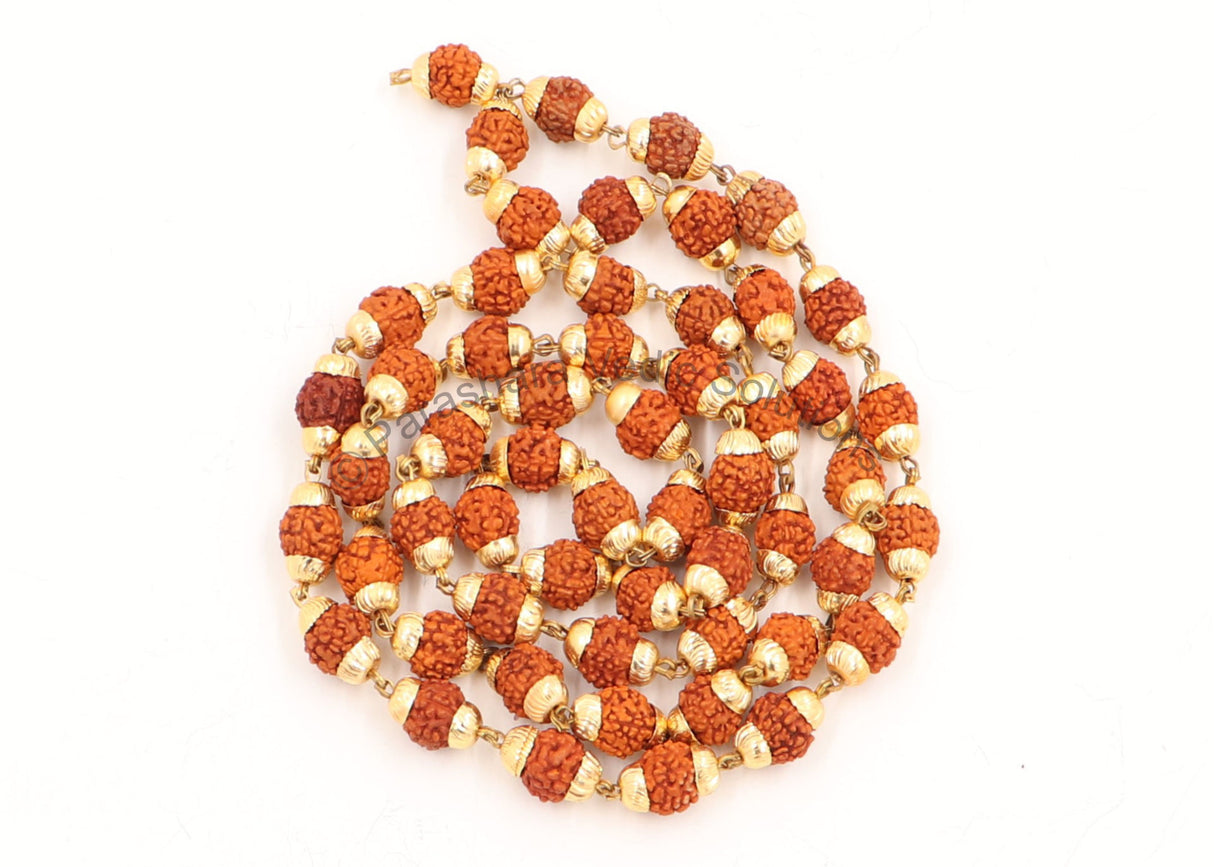 Arkam Rudraksh Mala with Gold Metal Capping/ Fancy Rudraksh Mala for Men and Women/ Stylish Rudraksha mala Yellow Cap/ Rudraksh Mala 7mm Original (Size: 7mm, Length: 28 inches, Beads: 54+1) - Retail Maharaj
