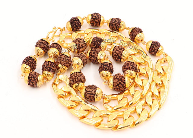 Arkam Rudraksh Mala with Gold Metal Capping and Chain/ Fancy Rudraksh Mala for Men/ Stylish Rudraksha mala Yellow Cap/ Rudraksh Mala 10mm Original (Size: 10mm, Length: 24 inches) - Retail Maharaj