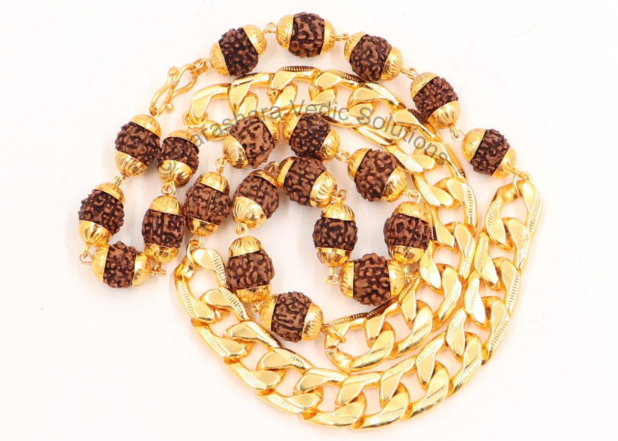 Arkam Rudraksh Mala with Gold Metal Capping and Chain/ Fancy Rudraksh Mala for Men/ Stylish Rudraksha mala Yellow Cap/ Rudraksh Mala 10mm Original (Size: 10mm, Length: 24 inches) - Retail Maharaj