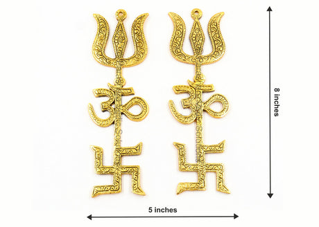 ARKAM Swastik Om Trishul Trishakti Yantra / Metal Trishakti / Tri Shakti - Set of 2 (Size: 8 inches, Antique Golden) - Retail Maharaj