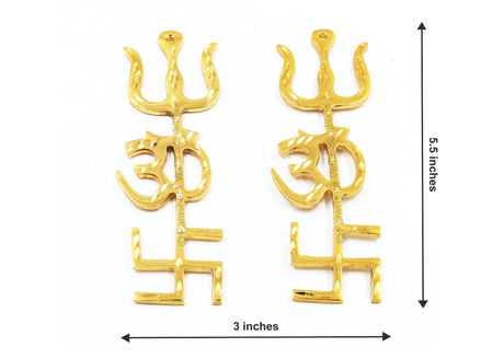ARKAM Swastik Om Trishul Trishakti Yantra / Brass Trishakti / Tri Shakti - Set of 2 (Size: 5 inches, Golden) - Retail Maharaj