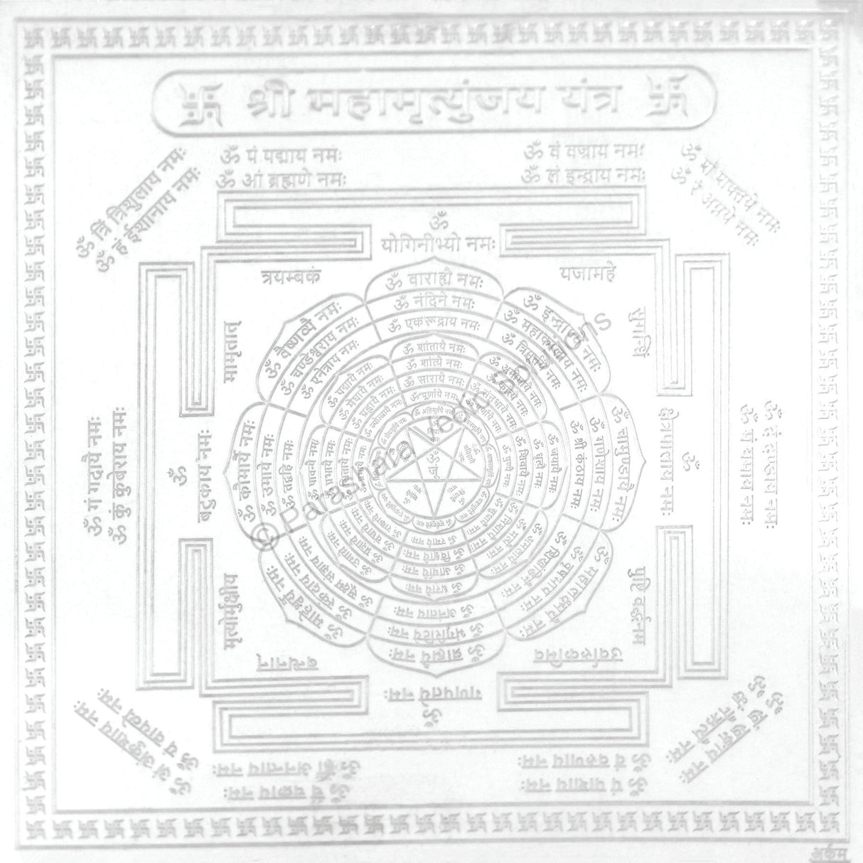 Arkam Maha Mrityunjai Yantra - Silver Plated Copper - (4 x 4 inches, Silver) - Retail Maharaj