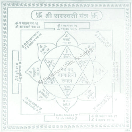 Arkam Saraswati Yantra / Sarasvati Yantra - Silver Plated Copper - (6 x 6 inches, Silver) - Retail Maharaj