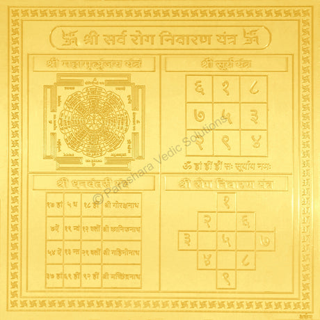 Arkam Sarva Rog Nivaran Yantra / Sampoorna Rog Nivaran Yantra - Gold Plated Copper - (6 x 6 inches, Golden) - Retail Maharaj