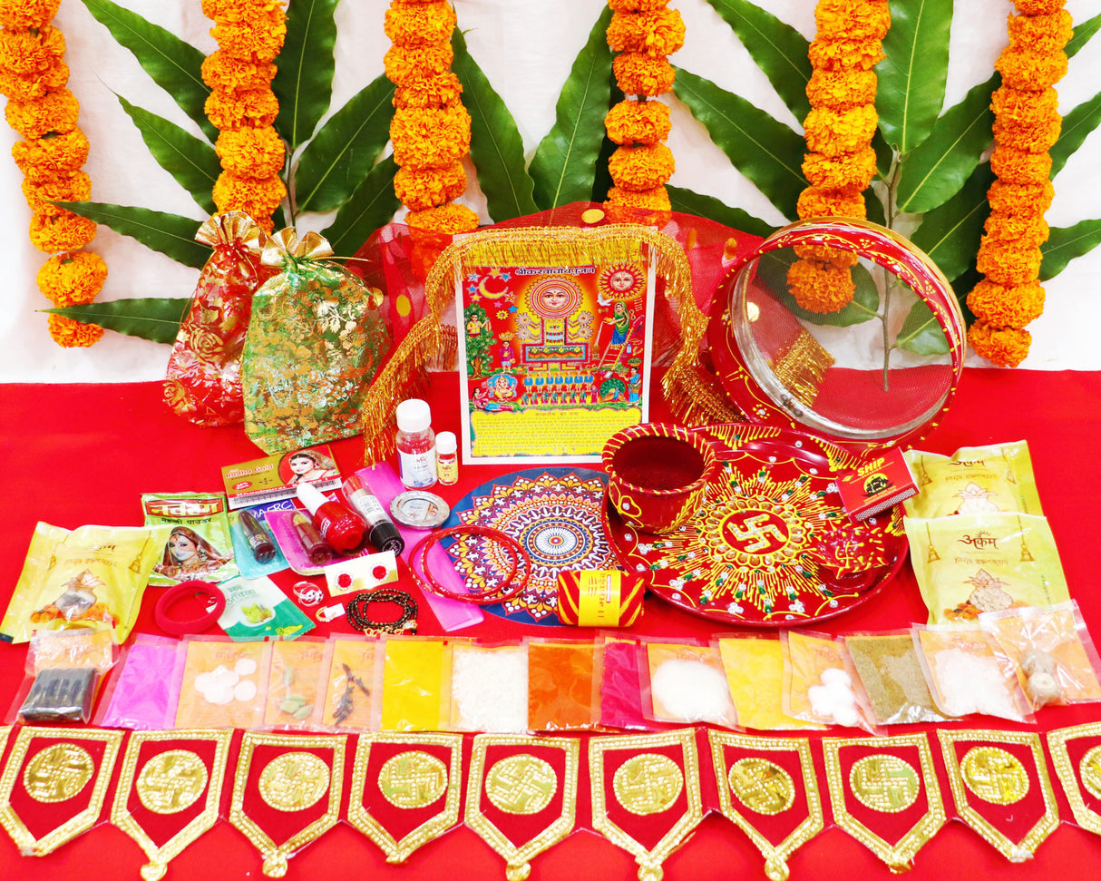 Arkam Karwa Chauth Puja Kit with Karwa Chauth Thali, Chalni and 16 Shringaar ka Samaan (40+ Items) - Retail Maharaj