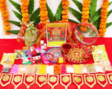 Arkam Karwa Chauth Puja Kit with Karwa Chauth Thali, Chalni and 16 Shringaar ka Samaan (40+ Items) - Retail Maharaj