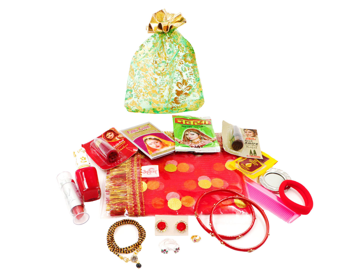 Arkam Karwa Chauth Puja Kit with Karwa Chauth Thali, Chalni and 16 Shringaar ka Samaan (40+ Items) - Retail Maharaj