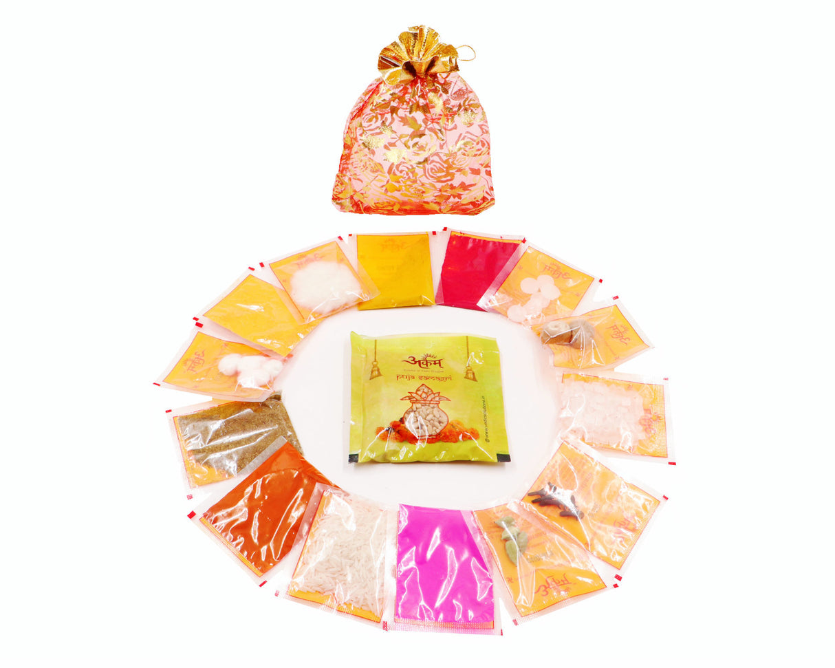 Arkam Karwa Chauth Puja Kit with Karwa Chauth Thali, Chalni and 16 Shringaar ka Samaan (40+ Items) - Retail Maharaj