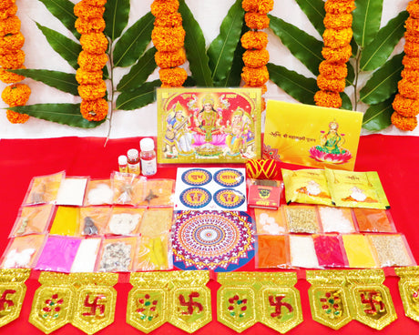 Arkam Diwali Puja Samagri Kit for Lakshmi Pujan/ Mahalakshmi Puja Kit/ Laxmi Puja Samagri Kit/ Deepavali (35+ Items) with Detailed Puja Vidhi - Retail Maharaj
