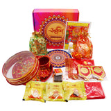 Arkam Karwa Chauth Puja Kit with Karwa Chauth Thali, Chalni and 16 Shringaar ka Samaan (40+ Items) - Retail Maharaj